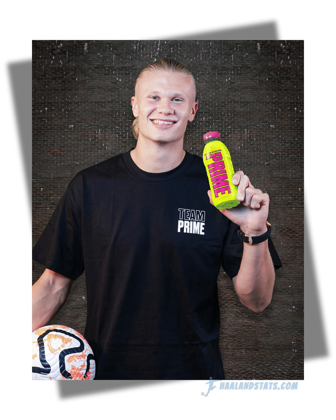 Erling Haaland holds his Limited Edition PRIME Hydration Bottle